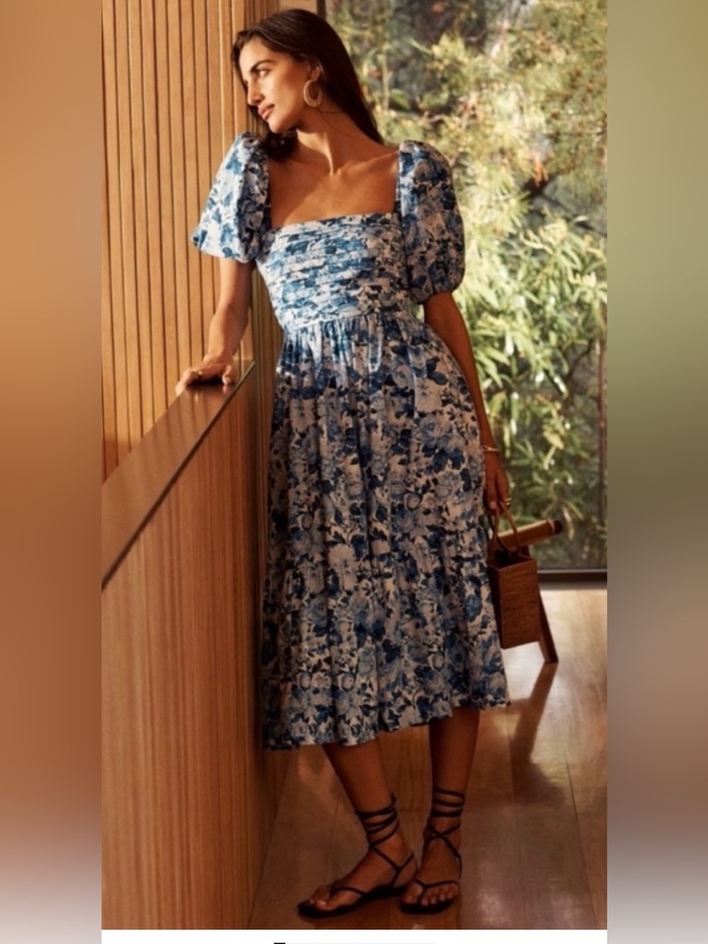 Abercrombie & Fitch Emerson Poplin Puff Sleeve Midi Dress blue Floral Small Tall - Picture 2 of 4